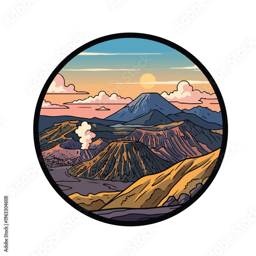 Mountain landscape with volcanic eruption.