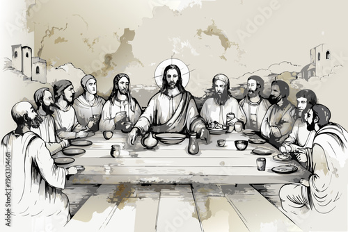 The last supper jesus with disciples at a long table illustrated