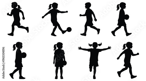 Set of eight children playing various sports activities silhouette