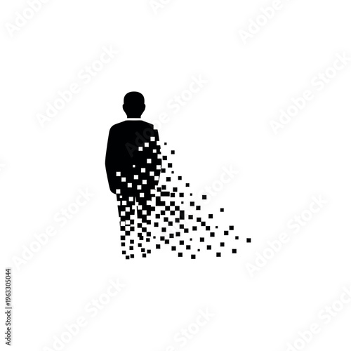 Digital identity concept with dissolving human silhouette.