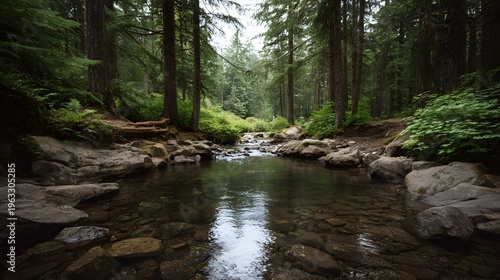 A clear forest stream flows gently through a lush green woodland with moss covered rocks and tall evergreen trees