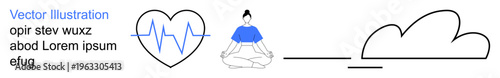 Meditation, healthcare, mindfulness, relaxation, spirituality, stress relief. Heart with a heartbeat, person meditating abstract cloud line. Meditation and healthcare ideas in icons