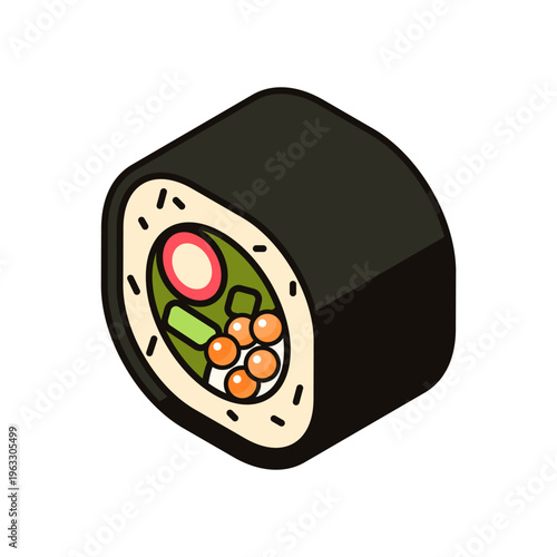 Isometric Sushi Roll Illustration, traditional asian food, japanese cuisine. Sushi with rice, crab, cream cheese, fresh cucumber and caviar