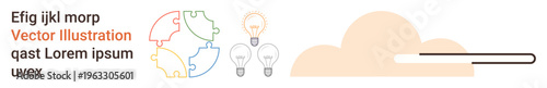 Innovation, teamwork, creative thinking, problem-solving, collaboration, progress. Puzzle pieces, light bulbs cloud and horizontal bar. Innovation and teamwork visualization