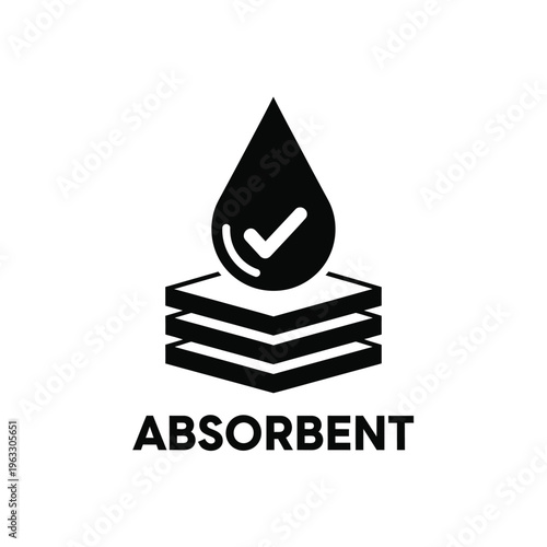 Vector illustration of a black absorbent logo with a water drop and checkmark on stacked layers
