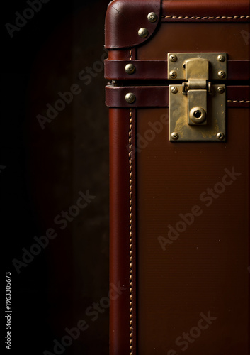 Vintage leather suitcase with brass lock on dark background for World Tourism Day  
