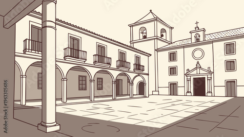 Minimal Spanish Plaza with Classic Buildings Flat Vector Illustration