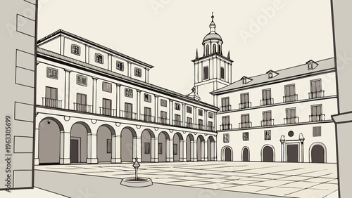 Minimal Spanish Plaza with Classic Buildings Flat Vector Illustration