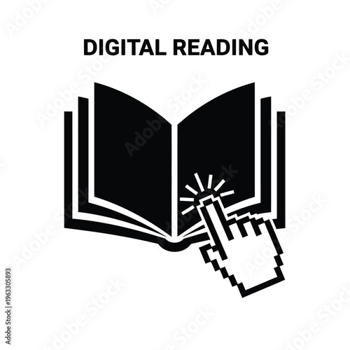 Vector illustration of digital reading concept with open book and computer cursor