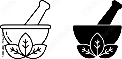 Mortar and Pestle with Herbs Icon Set - Natural Medicine and Pharmacy Grinding Tool Vector