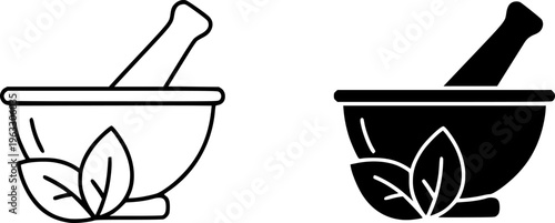 Mortar and Pestle with Herbs Icon Set - Natural Medicine and Pharmacy Grinding Tool Vector