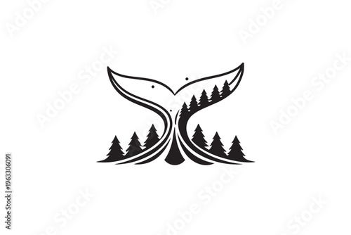 Whale tail fluke with evergreen forest landscape silhouette double exposure art.