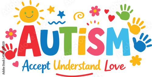 Autism Awareness Design Accept Understand Love Colorful Typography with Handprints and Icons Vector