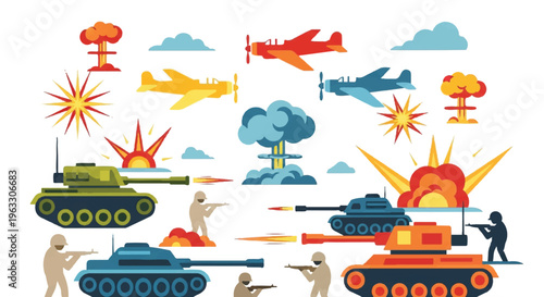 Military conflict illustration with tanks aircraft explosions and soldiers