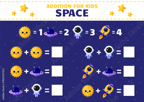 Educational game for kids.Cute math game with space elements.Addition for kids.Printable game.Educational activity worksheet.Illustration for kids books and workbooks.Logical quest for children.Vector