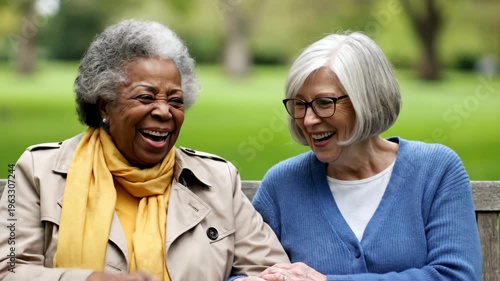 Two senior women sharing laughter while seated outdoors on a bench