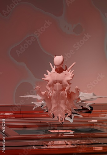 Intricate 3D Organic Bio-Mechanical Sculpture in Pink on Red Metallic Grid