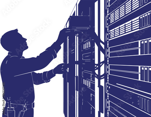 IT engineer silhouette working in data center server room, network administrator maintaining hardware racks, blue vector illustration of technician
