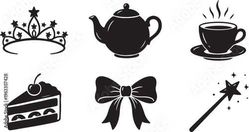 Collection of graphic icons: tiara, teapot, steaming cup, cake slice, bow tie, and magic wand