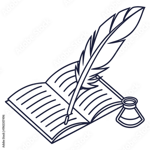Feather pen and inkwell on old book icon. vintage quill writing in open novel or notebook. isolated education symbol on white background