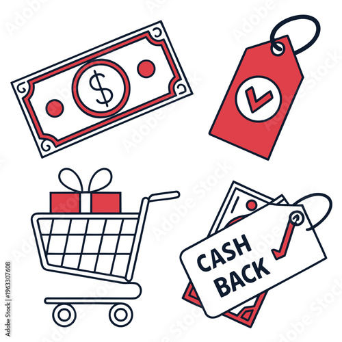 Financial icons with money bill tag shopping cart and cashback labels representing online shopping savings and reimbursement services for customers