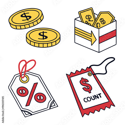 Cash back rewards and shopping discount icons set including gold coins money box price tag and store coupon for financial savings and retail promo