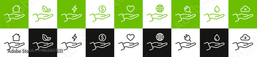 save energy nature money data water health planet house line icons set vector illustration