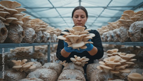 Professional female farmer holding bunch of fresh oyster mushrooms in indoor commercial cultivation greenhouse facility with rows of substrate bags