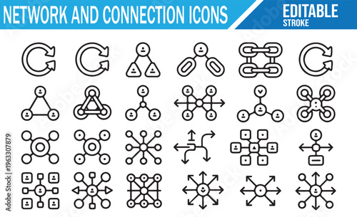 Hand drawn network and connection icons set, doodle style communication and data flow symbols including nodes links sharing structure diagrams and digital connectivity elements isolated