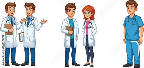 Cartoon Doctor Characters Set with Male and Female Medical Professionals in Lab Coats and Scrubs for Healthcare Hospital Illustration Design