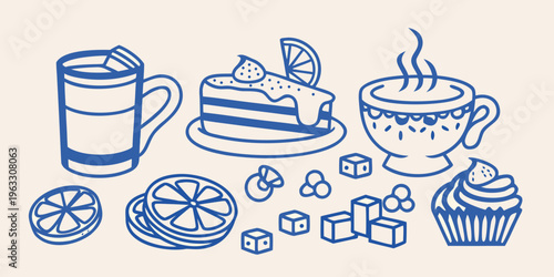 A collection of hand drawn desserts and beverages in blue line art