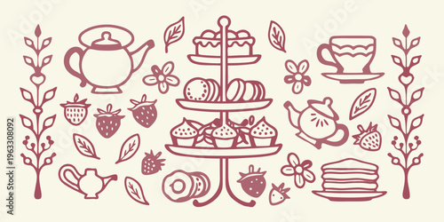 A charming hand drawn illustration of a delightful afternoon tea arrangement