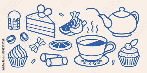 A charming blue line drawing of desserts tea and sweet treats