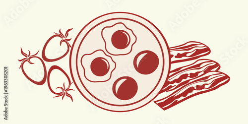 A red line drawing depicting a breakfast plate with eggs tomatoes and bacon