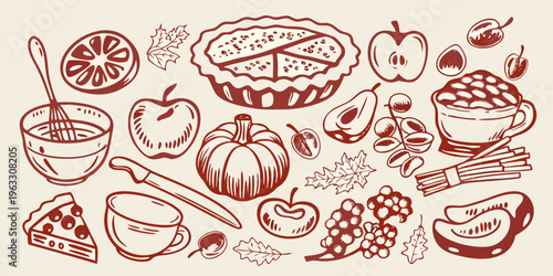 Autumn harvest illustration featuring pie fruits and seasonal elements