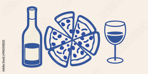 A simple illustration of pizza wine and a glass for dining