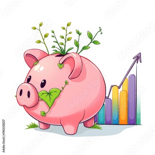 Piggy bank with plants sprouting from top beside graph, Illustration of Financial Growth, Investment. Generative AI