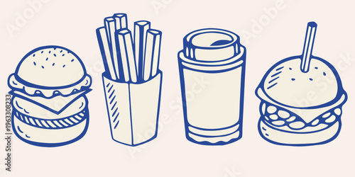 Hand drawn illustration of a burger fries drink and milkshake