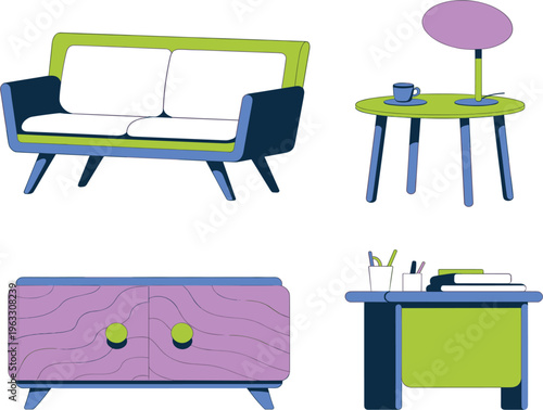 Vector illustration of modern furniture set including sofa, coffee table, desk, and sideboard, home interior
