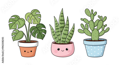 Three cartoon potted plants with smiling faces on their pots on a white background.