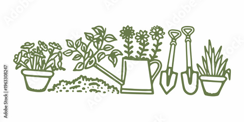 A charming illustration depicts gardening tools and various potted plants