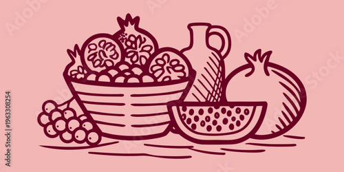 Still life illustration of pomegranates watermelon and a decorative vase