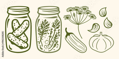 Hand drawn illustration of pickled vegetables and fresh garden produce