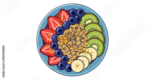 A vibrant plate of fruit and granola is arranged on a blue plate.