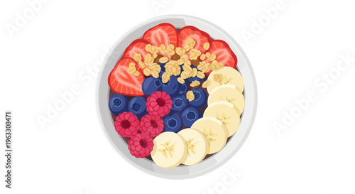 A bowl of fruit and cereal on a plate viewed from above