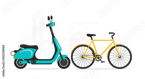 An illustration of a scooter and bicycle in a city setting with buildings.