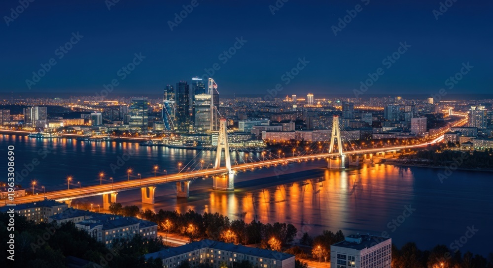Obraz premium Cityscape at dusk illuminated bridge spans water, city lights twinkle
