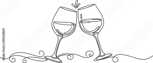 Wine glasses clinking line art vector illustration, festive toast icon design, celebration symbol artwork, elegant party concept background set