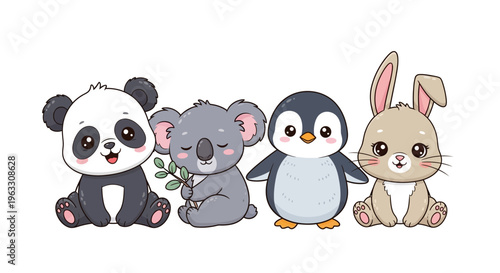 Cute cartoon animals sitting together on white background illustration