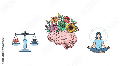 Person meditates with balanced heart and brain flowers